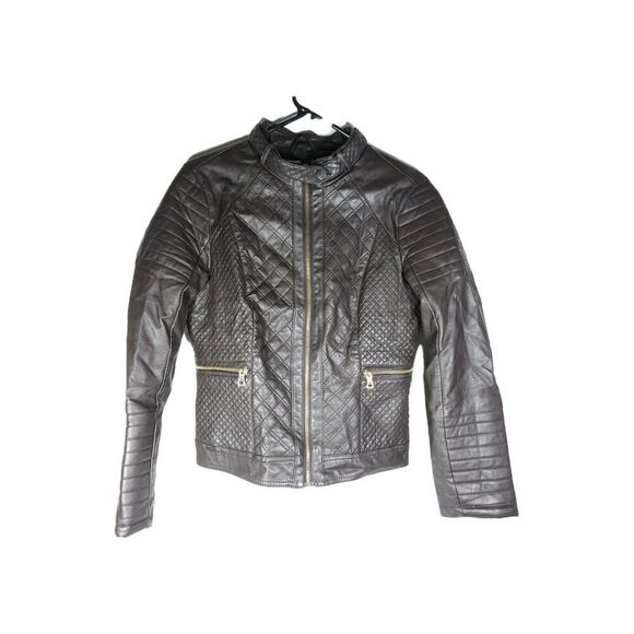 Cavalini Ci Sono Women's Sz M Brown Faux Leather Quilted Front Zip Biker Jacket - Picture 1 of 11